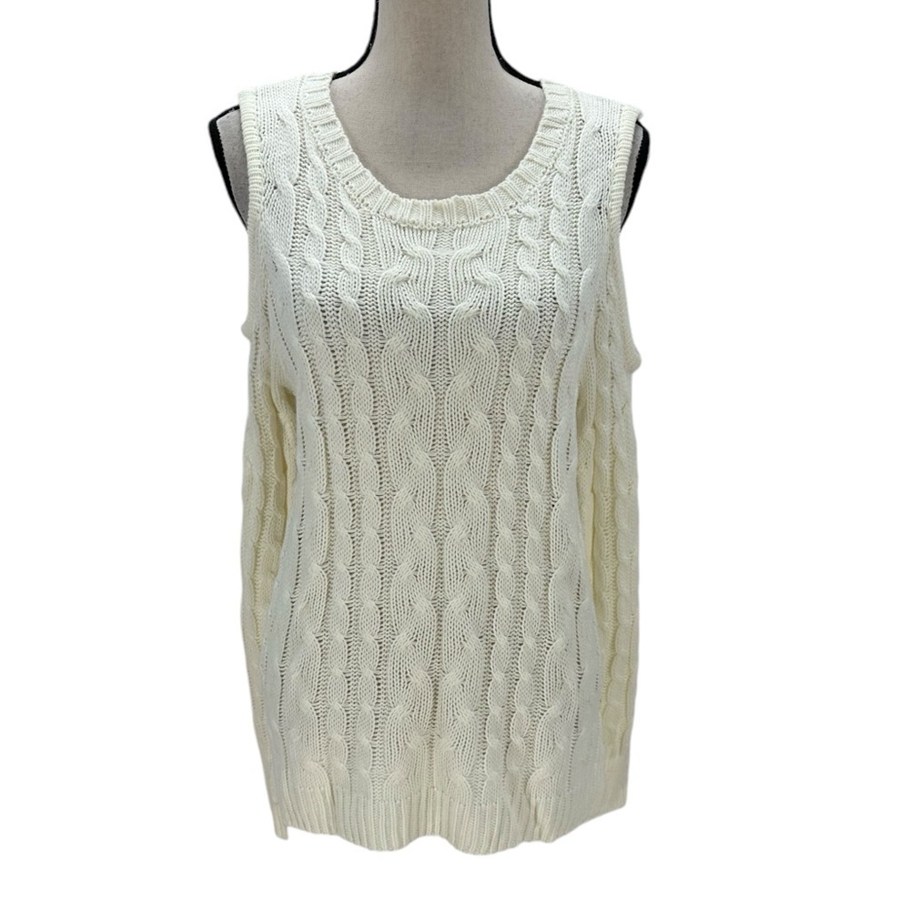 Hippie Rose Long Sleeve Crew Neck Cold Shoulder Cable Knit Sweater - Ivory - Lrg